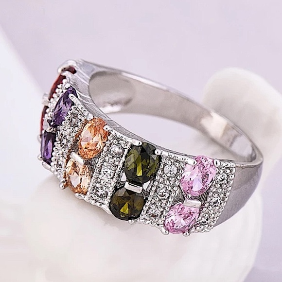 PLATINUM RAINBOW ZIRCON RING PROMISE CZ BAND RING - Picture 4 of 9